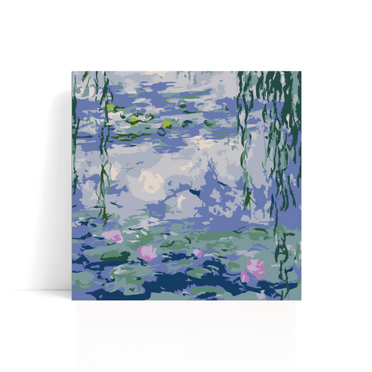 Canvas print of a waterlily pond with willows, inspired by Monet's style.